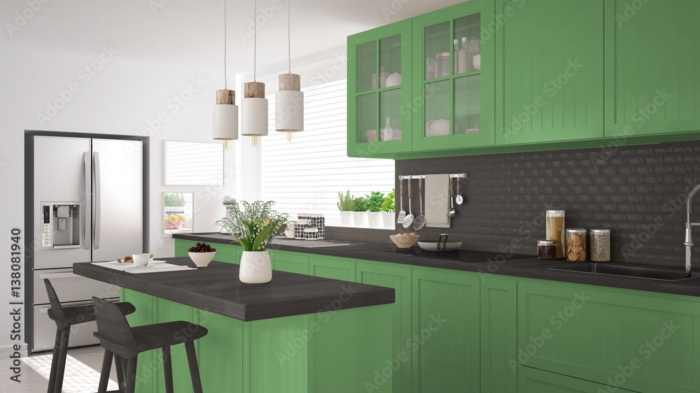 Plakat Scandinavian classic kitchen with wooden and green details, minimalistic interior design