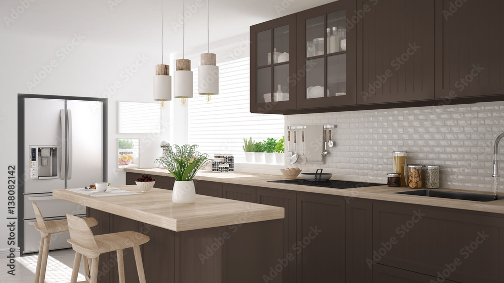 Plakat Scandinavian classic kitchen with wooden and brown details, minimalistic interior design