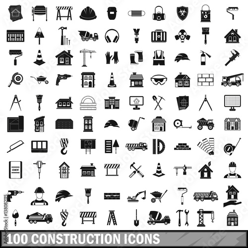 100 construction icons set in simple style