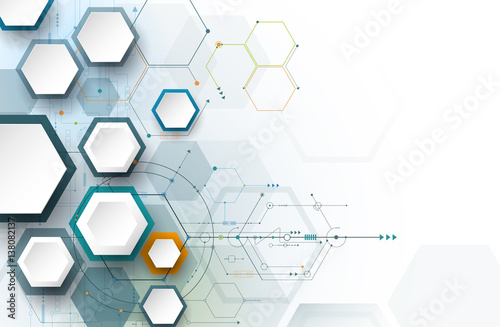 Vector illustration circuit board and 3d paper hexagons background. Hi-tech digital technology and engineering concept. Vector abstract futuristic on white gray color background