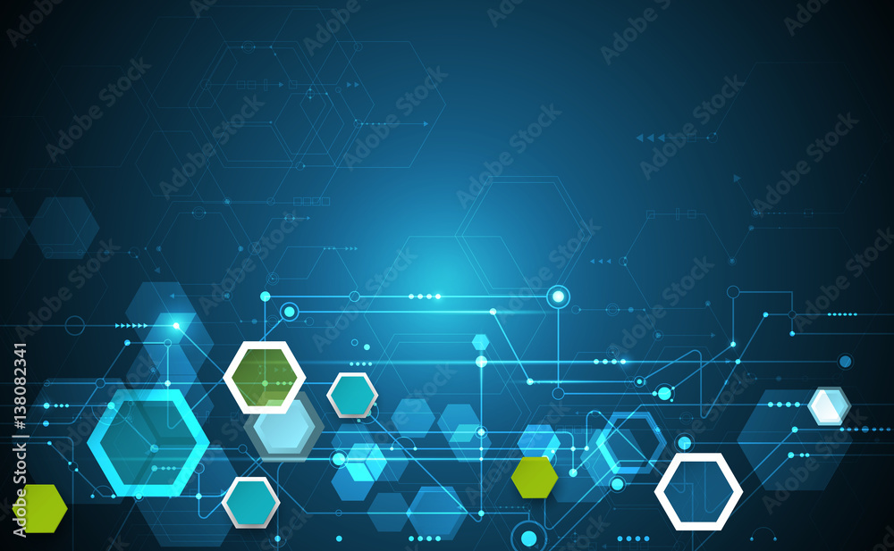 Vector illustration science innovation concept. Circuit board and hexagons or polygon background. Hi tech digital technology. Abstract futuristic, hexagon shape on dark blue color background