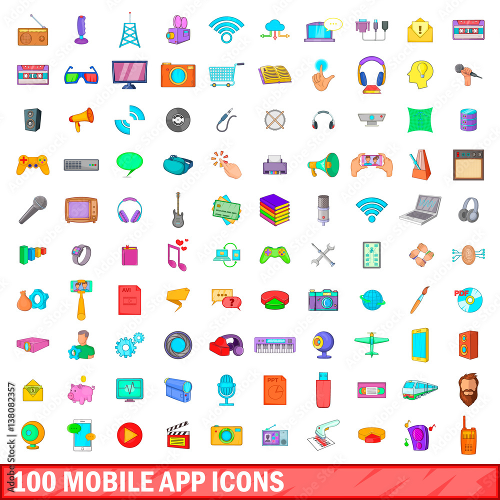 100 mobile app icons set, cartoon style 100 mobile app icons set, cartoon style