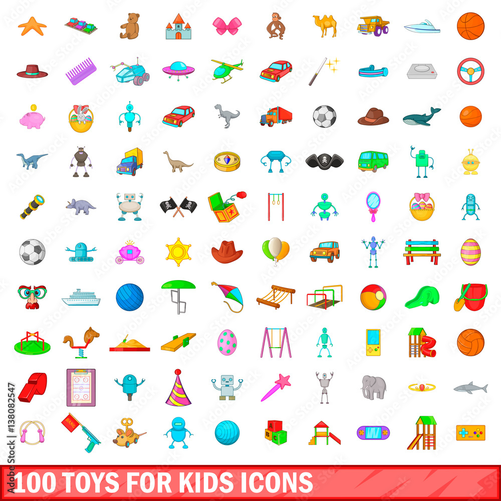 100 toys for kids icons set, cartoon style 100 toys for kids icons set, cartoon style