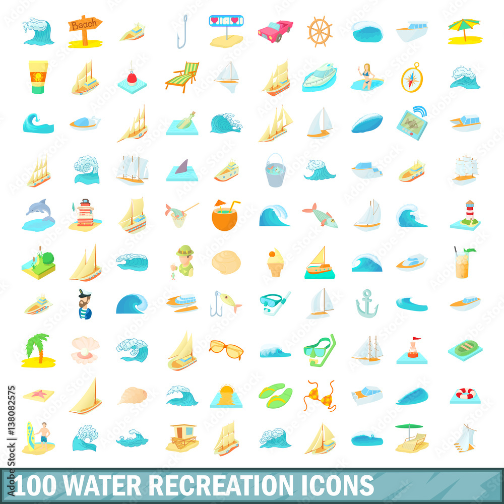 100 water recreation icons set, cartoon style