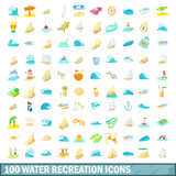 100 water recreation icons set, cartoon style