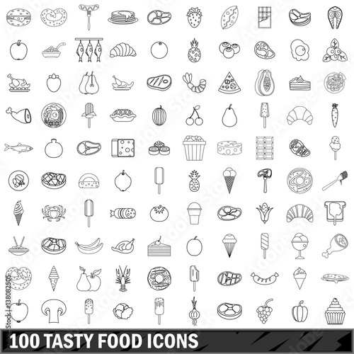 100 tasty food icons set  outline style