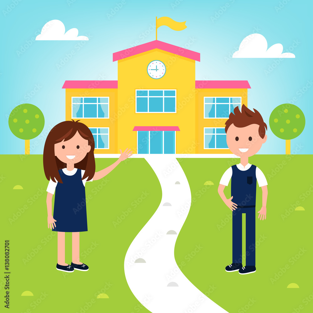School Poster with Girl and Boy Wearing Uniform and School Building