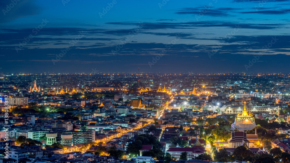 Bangkok skyline with Grand Palace view at night.