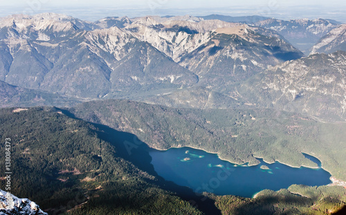 Aerial view from Zugspitze mountain on the lake Eibsee. Alpine lake from the top.