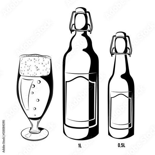 Vector set of black and white beer bottles half-liter and liter with blank label, where you can write a text and a glass filled with beer