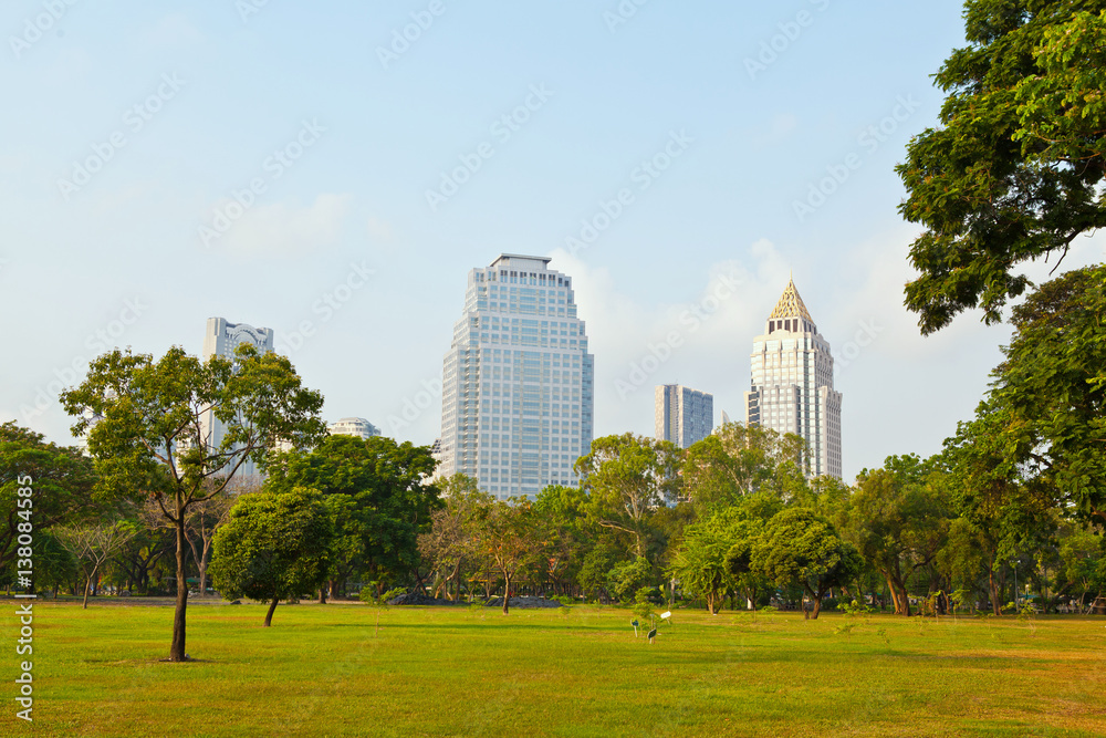 Lumpini Park Backdrop of the city In Bangkok, Thailand