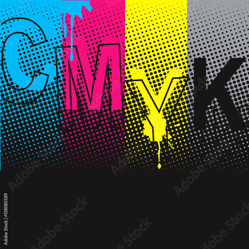 CMYK print colors grunge background.
Abstract grunge background in CMYK colours and halftone pattern. Vector available.
