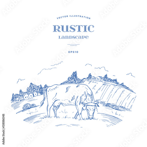 Hand-drawn the rural landscape with the scene of the cow on the meadows. Vector illustration in woodcut style. Farm view with houses, fields, and trees.
