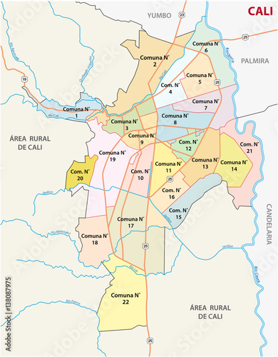 Administrative, political and road map of the Colombian city of Cali