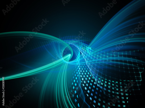 Abstract background element. Fractal graphics series. Three-dimensional composition of intersecting grids, lines and blurs. Information technology concept. Blue and black colors.