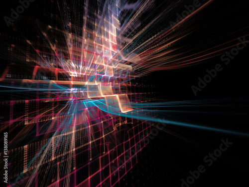 Abstract background element. Three-dimensional composition of wave shapes, grids and beams. Electronics and media concept. Red, blue, orange colors on black.
