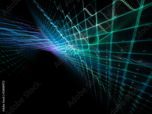 Abstract background element. Three-dimensional composition of wave shapes, grids and beams. Electronics and media concept. Blue and black colors.