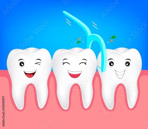 Teeth with dental floss for healthcare. dental care concept. Cute tooth character, illustration.