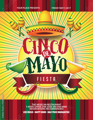 Cinco De Mayo poster design. Marketing, advertising or invitation template with copy space for your holiday celebration at a bar, restaurant, nightclub or other venue. EPS 10 vector. 