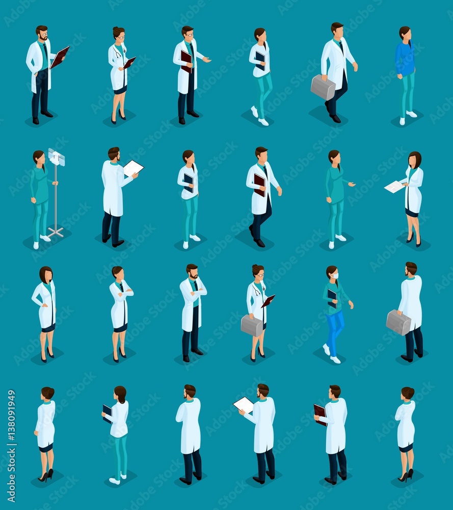 Set Trendy isometric people. Medical staff, hospital, doctor, nurse, surgeon. Physicians front view rear view, standing position isolated on bright background Set Trendy isometric people. Medical staff, hospital, doctor, nurse, surgeon. Physicians front view rear view, standing position isolated on bright background