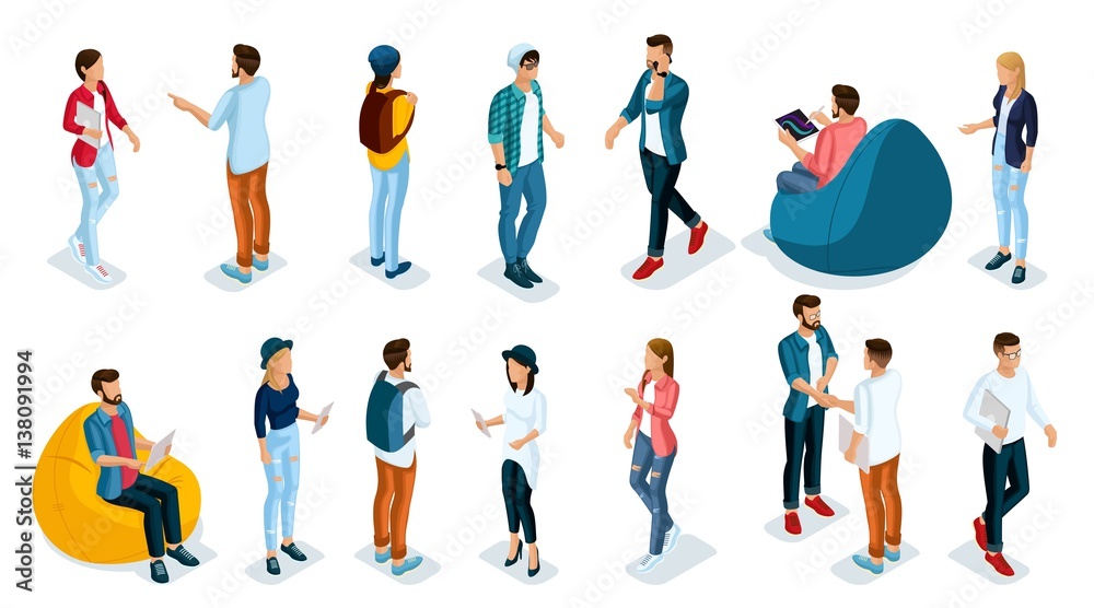 Trendy Isometric young people, teenagers and students. Creative people in the modern hipster clothing, shoes, jeans, hats, with modern gadgets, Freelancers on white background isolated.