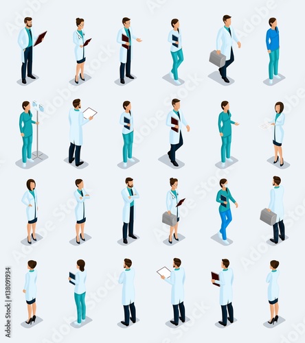 Set Trendy isometric people. Medical staff, hospital, doctor, nurse, surgeon. Physicians front view rear view, standing position isolated on a light background © elizaliv