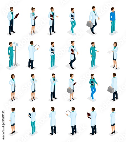 Set Trendy isometric people. Medical staff, hospital, doctor, nurse, surgeon. Physicians front view rear view, standing position isolated on white background