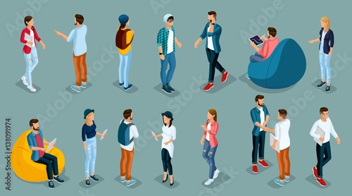 Trendy Isometric young people, teenagers and students. Creative people in the modern hipster clothing, shoes, jeans, hats, with modern gadgets, Freelancers isolated