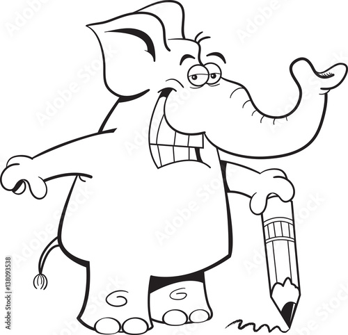 Black and white illustration of an elephant holding a pencil.