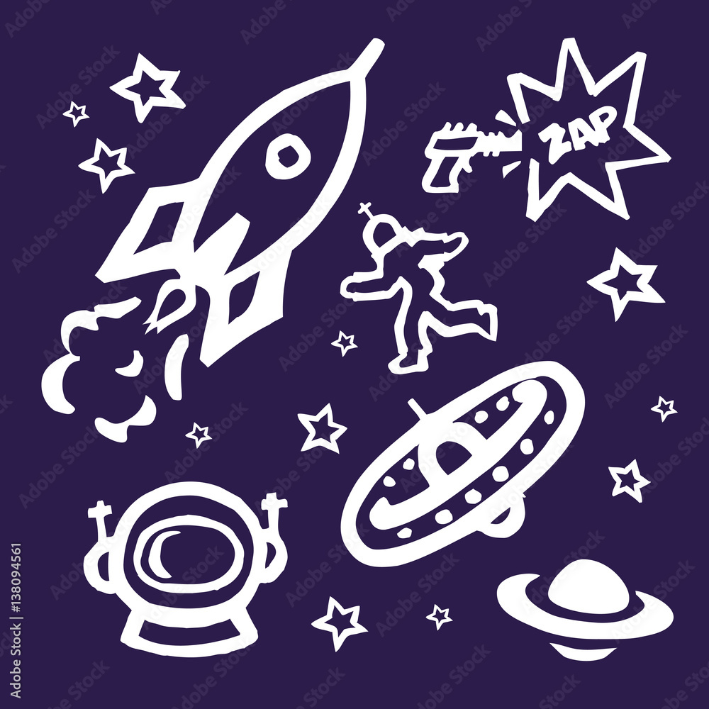 Space icons with a rocket ship, stars, a ray gun, a space station, spaceman, space helmet and plants. Space icons with a rocket ship, stars, a ray gun, a space station, spaceman, space helmet and plants.