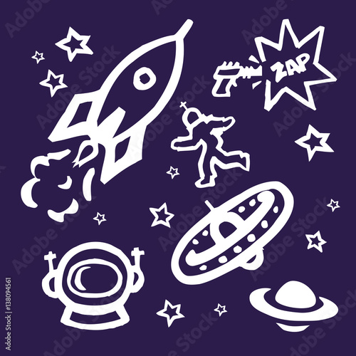 Space icons with a rocket ship, stars, a ray gun, a space station, spaceman, space helmet and plants.