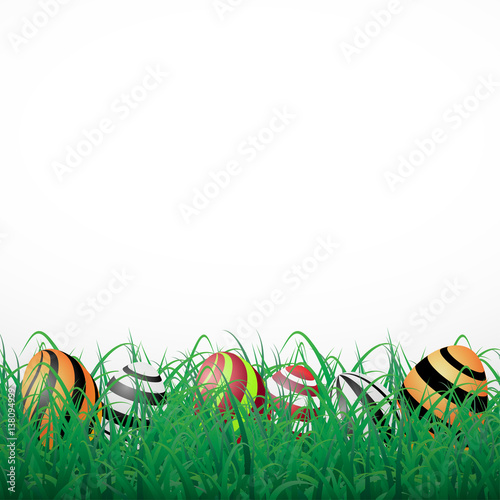 Easter eggs with lines in grass on a white shining background
