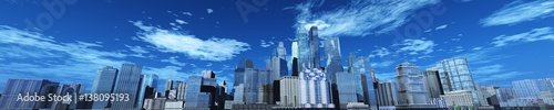 Panorama of beautiful skyscrapers against the sky with clouds. 3d rendering. 