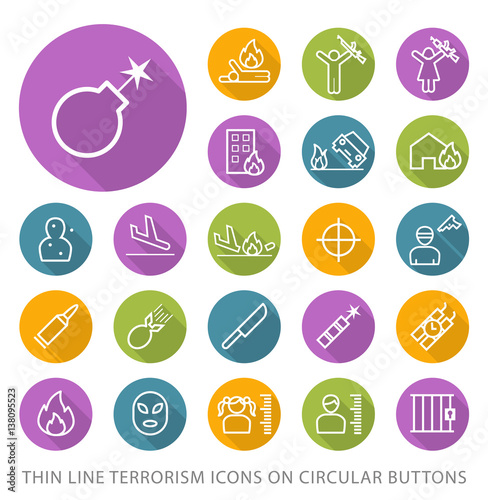 Set of Elegant Universal White Terrorism Minimalistic Thin Line Icons on Circular Colored Buttons on White Background