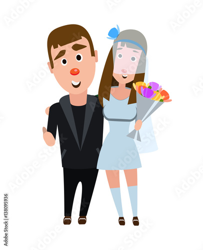 Newlyweds in an embrace. Happy romantic couple. Young people on a white background. The girl in a wedding dress and a man in a suit. Dark haired guy with the dark haired girl.