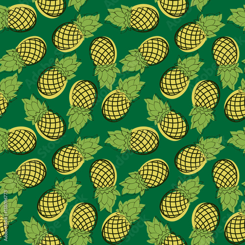 Seamless pattern of cartoon pineapple. Drawn fruit on a green background. Eco texture for packaging or for fabric.