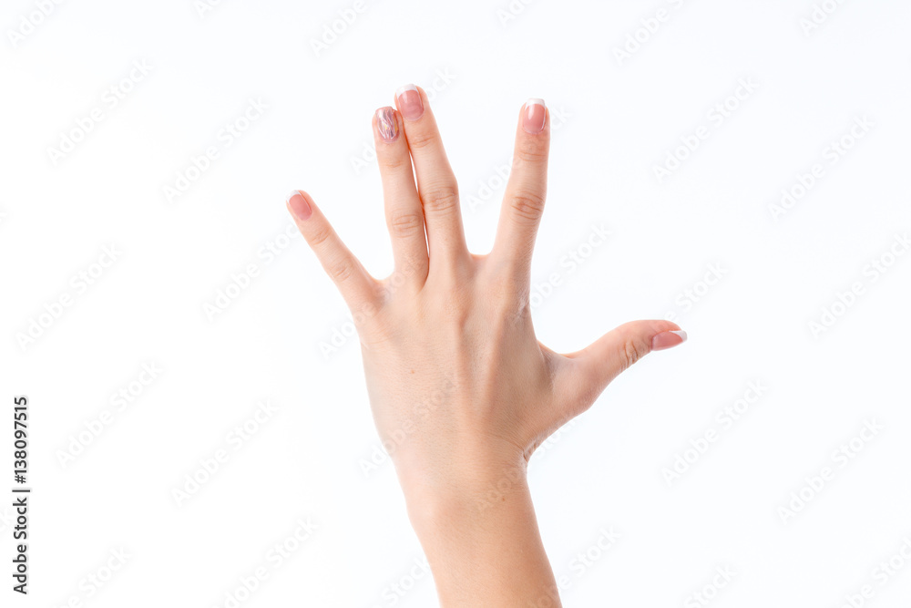 female hand showing the gesture with raised up straight fingers isolated on white background female hand showing the gesture with raised up straight fingers isolated on white background