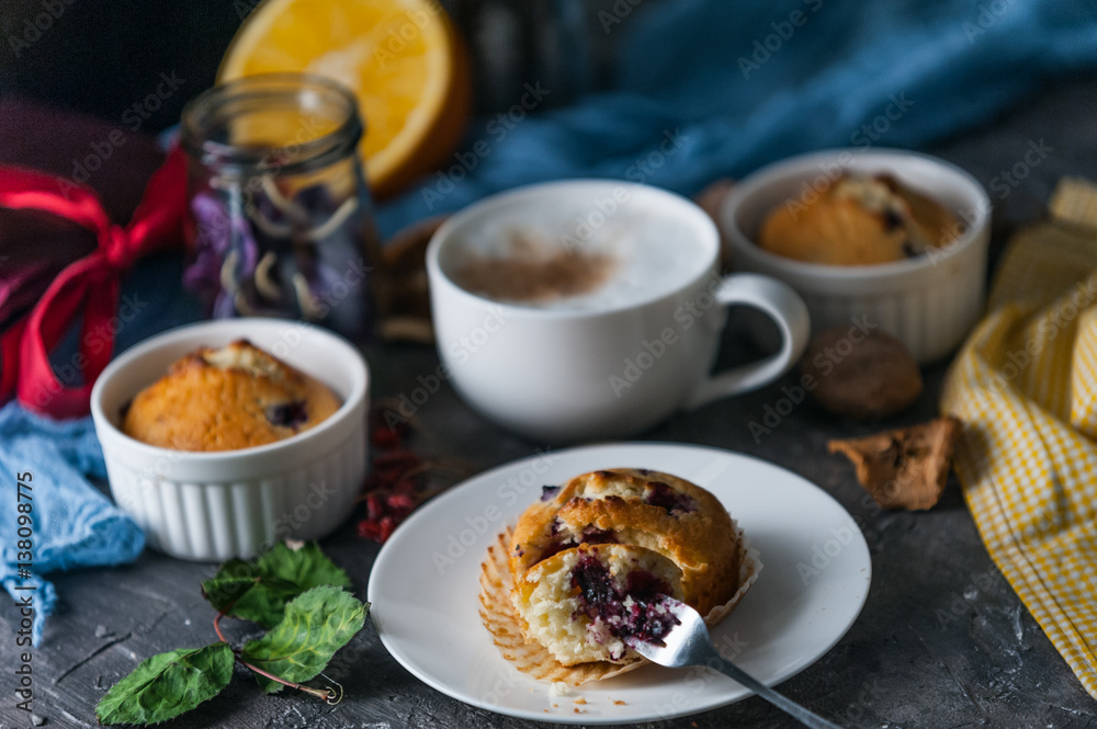 spring breakfast with muffins in rustic style spring breakfast with muffins in rustic style
