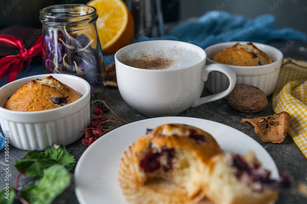 spring breakfast with muffins in rustic style