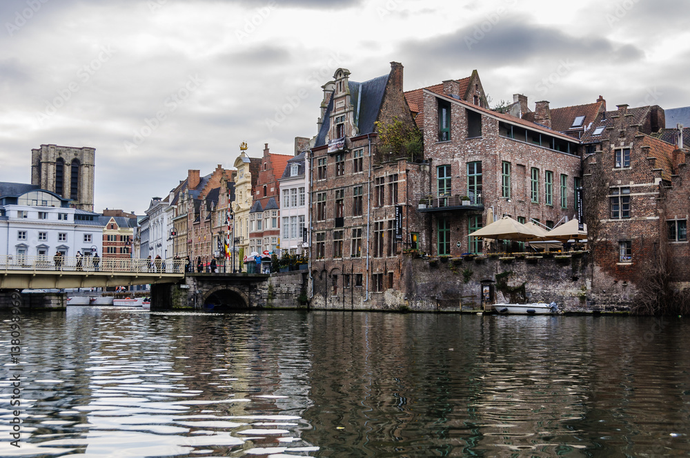 Colorful houses on the riverside in Ghent, Belgium