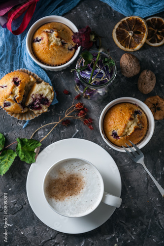 spring breakfast with muffins in rustic style