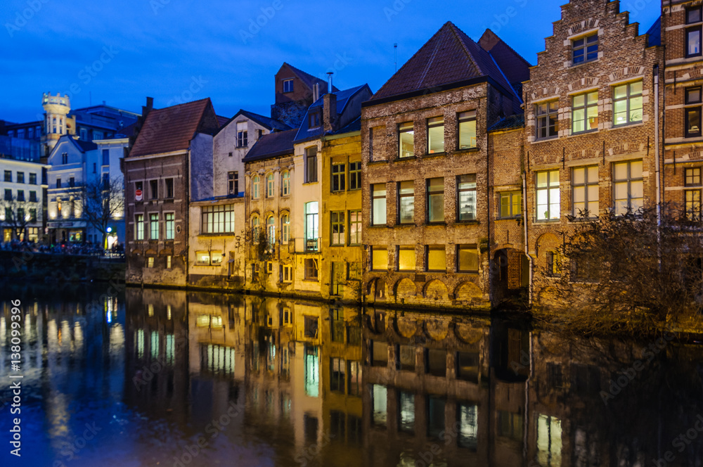 Reflections at sunset in Ghent, Belgium