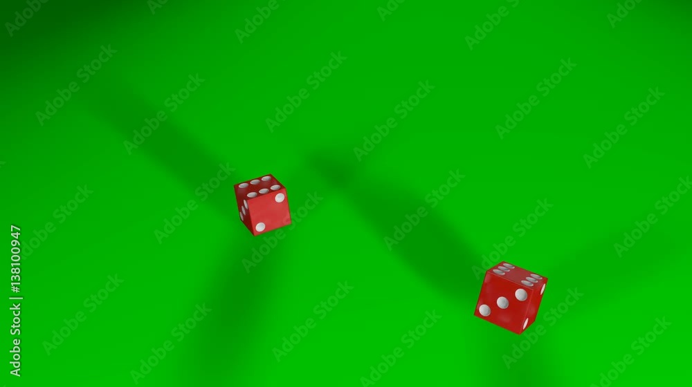 Two rolling red dices falling on green table. Two rolling red dices falling on green table.