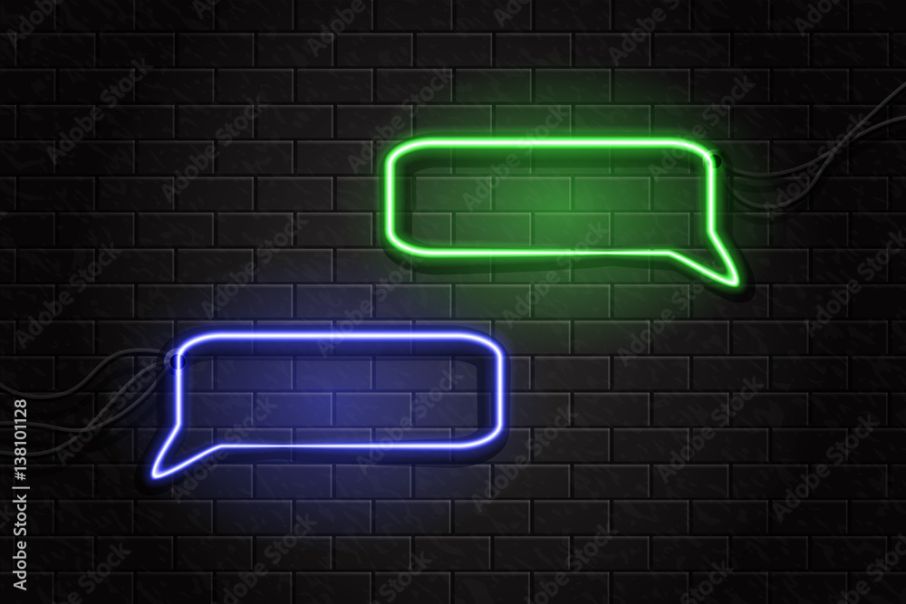 Vector neon speech bubble on the wall background. Concept of messaging and network. Vector neon speech bubble on the wall background. Concept of messaging and network.