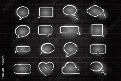 Vector collection of neon speech bubbles on the wall background.