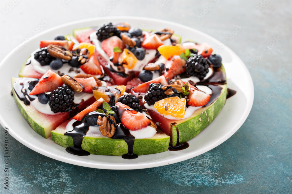 Watelmelon pizza with yogurt and fruits Watelmelon pizza with yogurt and fruits