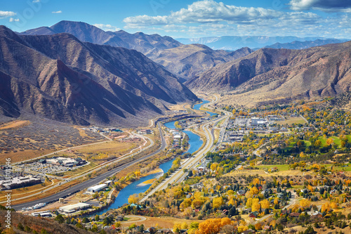 Aerial picture of Glenwood Springs valley in autumn, Colorado, USA.