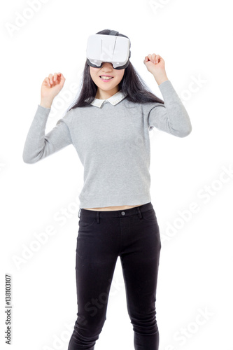 Teenage girl dances with 3D goggles