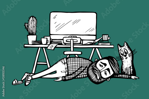 Tired bearded man lying on the floor near the work desk with computer screen, cat sit near and looking. Hand drawn illustration of Tired hipster. Vector Illustration - stock vector.