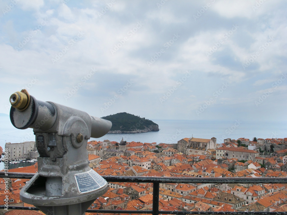 telescope pointing to the old croatian city of Dubrovnik